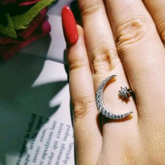 NOWT SILVER CRESCENT MOON & STAR RESIZEABLE RING - Picture 4 of 4